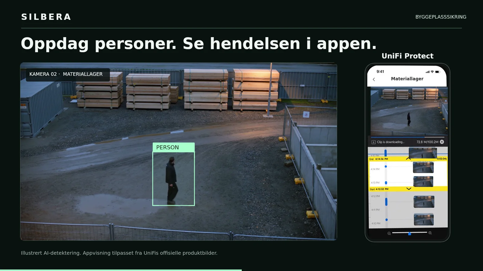 Illustrert byggeplass med persondeteksjon i kamerabildet og hendelsen vist i UniFi Protect-appen